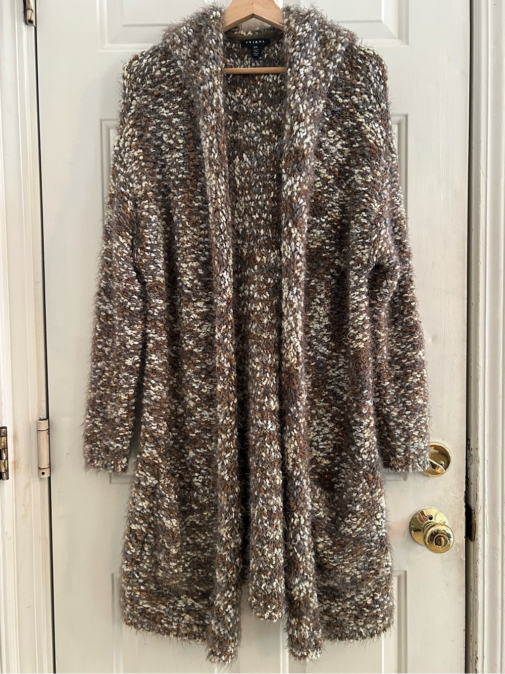 Cozy Bouclé Open-Front Cardigan Sweater - Brown Multi- Very Soft